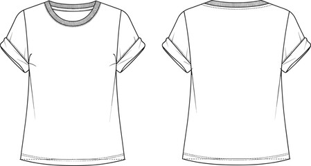 Flat vector cad drawing of basic women’s t-shirt, front and back view, rolled sleeves, crew neck, fashion sketch, casual wear