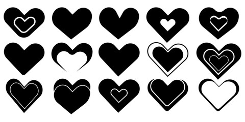 Black 15 Heart vectors. set of hearts icons in black color heart simple heart shaped metal heart with stroke valentines day iconsSet of hearts in black color, black heart icons set vector.