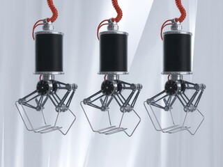 Three robotic claw machines poised ready for action in a bright and clean space