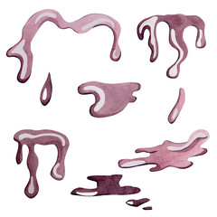 A set of watercolor stains in purple and pink shades with highlights. Ideal for thematic design, backgrounds or patterns.