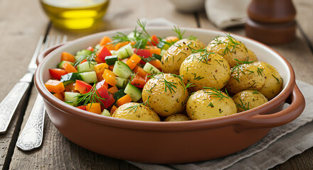 Roasted spring potato with fresh dill herb and raw vegetable salad served in the bowl