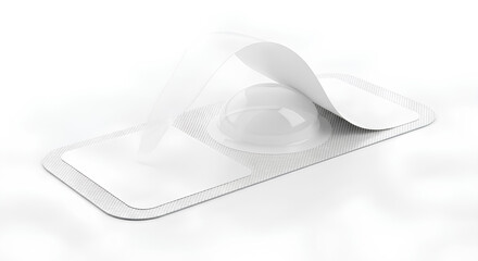 Blank blister medicine patch mockup peeling off in translucent arc, 3d rendering of pharmaceutical patch packaging for medical branding, pain relief display and health product mockup