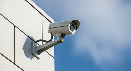 Outdoor Security Camera Mounted on Building Gray security camera mounted light gray building against clear blue sky security camera surveillance camera CCTV camera outdoor camera