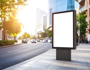 A blank billboard stands on a city sidewalk with traffic and buildings in the background, bathed in sunlight.