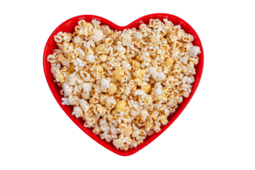 Popcorn in Red Heart Bowl for Movie Night, Isolated on White Transparent Background