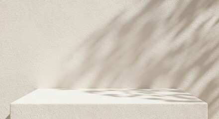Minimalist Podium with Textured Wall and Leaf Shadows, Neutral Tones