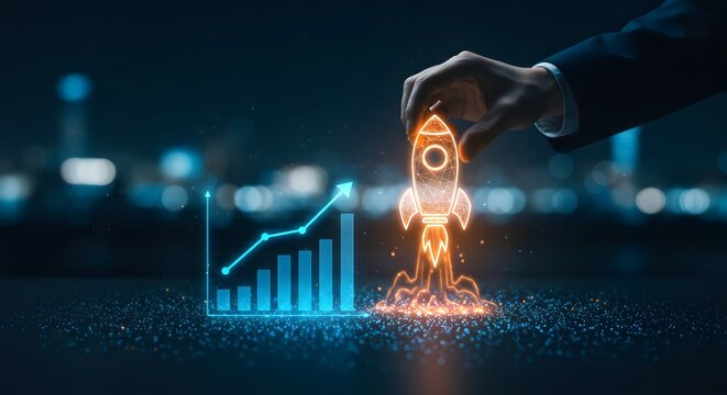 Businessman's Hand Launching a Glowing Digital Rocket from a Financial Graph, Representing Startup Business Growth and Success
