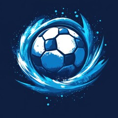 Dynamic soccer ball design with blue splash elements creating an energetic visual impact in a vibrant background