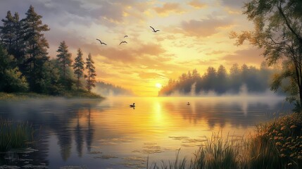 Fototapeta premium Shore of a misty lake at sunrise in summer