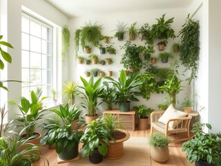 Bright indoor space filled with numerous potted plants and a wicker chair near a window