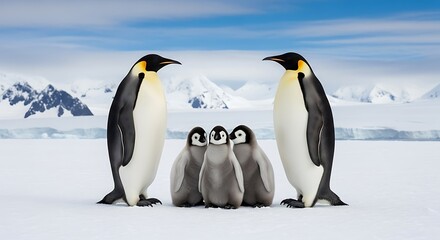 Fototapeta premium Emperor penguins with chicks on ice antarctica snow