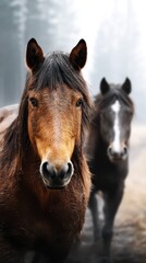 Fototapeta premium Horses in a misty forest during the early morning light near a serene trail