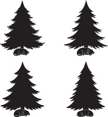 Fototapeta premium Four black evergreen tree silhouettes on white background
