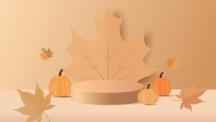 Autumn background. Autumn sale podium with maple leaves background. Stand product showcase for promotion, product sale. Vector illustration