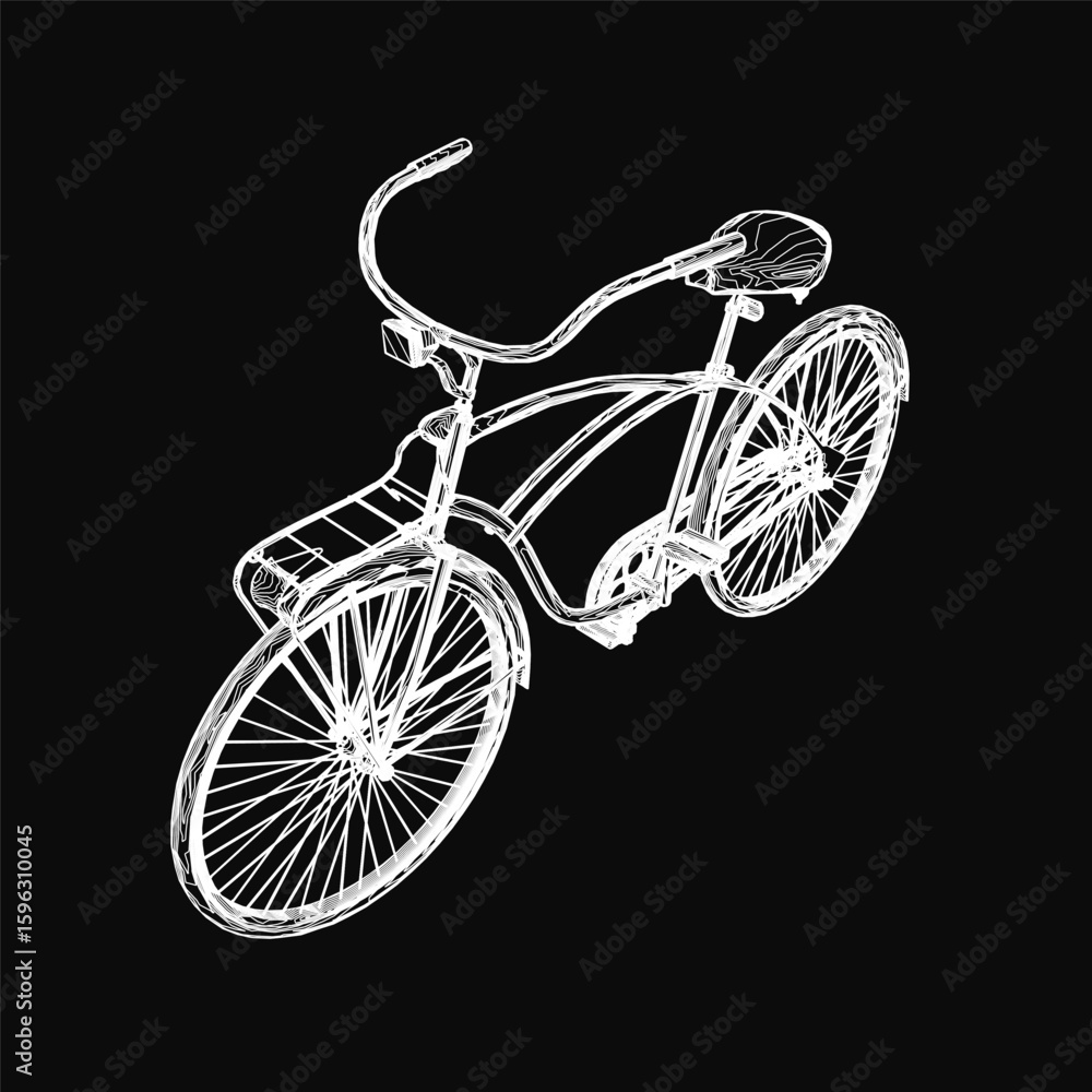 Poster a white bicycle with retro contour lines stands out against a black background, creating bold contra