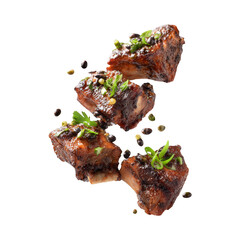 Steamed Spareribs with Black Beans and Scallions Floating in Air isolated On Transparent Png Background.