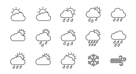 Fototapeta premium Weather forecast icons featuring sun, clouds, rain, snow, and wind symbols in a simple, minimalist outline style.