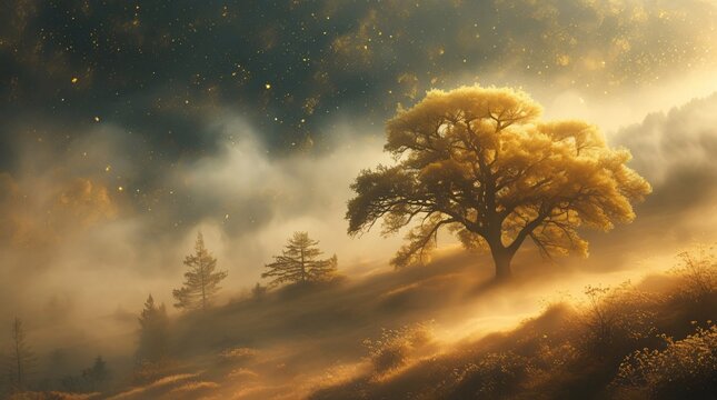 Golden tree on misty hillside at sunrise with glowing atmosphere and starry sky. Dreamy, magical landscape with fog, nature fantasy scene with golden morning light. - Powered by Adobe