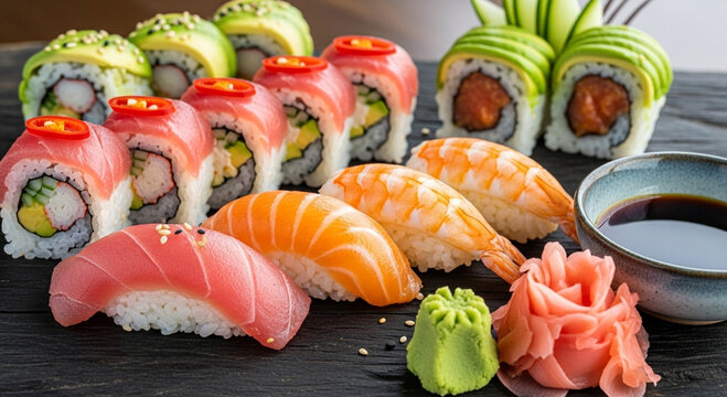 A diverse sushi menu representing Japanese cuisine. Multi-flavored sushi with nigiri and maki rolls, served with wasabi and soy sauce.