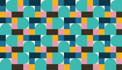 A modern geometric pattern featuring rounded semicircles and blocks in a rhythmic arrangement. The vibrant color palette — including teal, yellow, pink, navy, white, and dark brown
