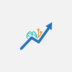 Blue arrow pointing upwards with brain and circuit board icons on white background.