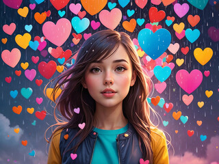 A young woman embraces the enchanting cascade of colorful hearts.