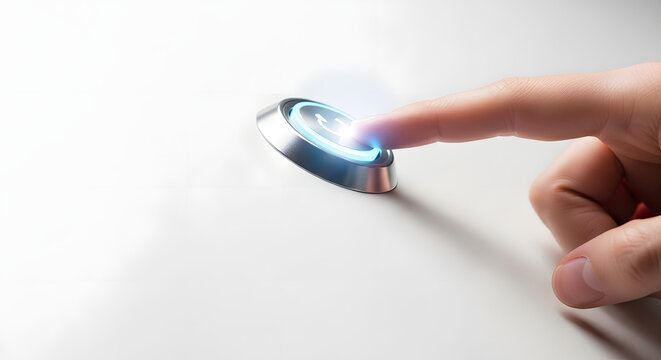 Finger presses glowing refresh button on white surface