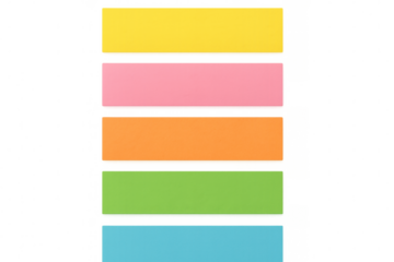 Colorful sticky notes arranged vertically, displaying organized note-taking and planning against transparent backdrop