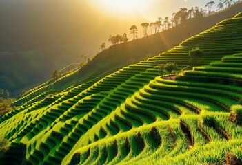 Fototapeta premium Golden sunlight bathes lush green Tegallalang rice terraces in Bali, landscape, terraces