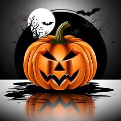 Orange Halloween pumpkin in the center of the image with a dark background