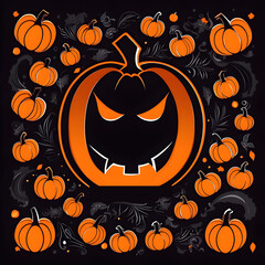 Orange Halloween pumpkin in the center of the image with a dark background