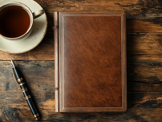 Antique brown leather journal alongside a fountain pen and a cup of tea
