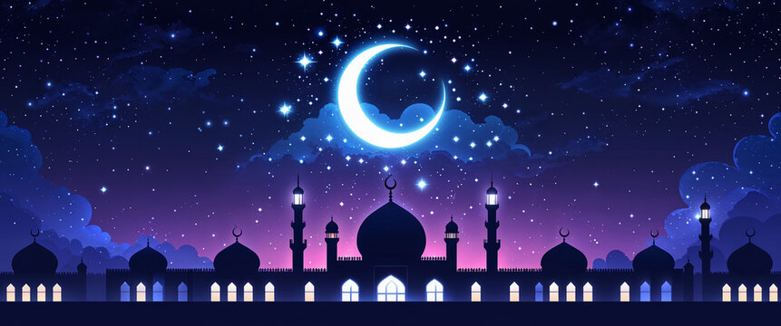 Beautiful night sky over mosque silhouette with crescent moon and stars during islamic festival