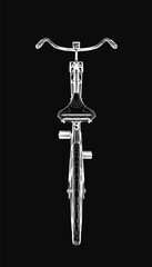 A retro bicycle drawn in clean black and white contour lines stands out against a dark background. Detailed handlebars, seat, and pedals highlight the classic design.