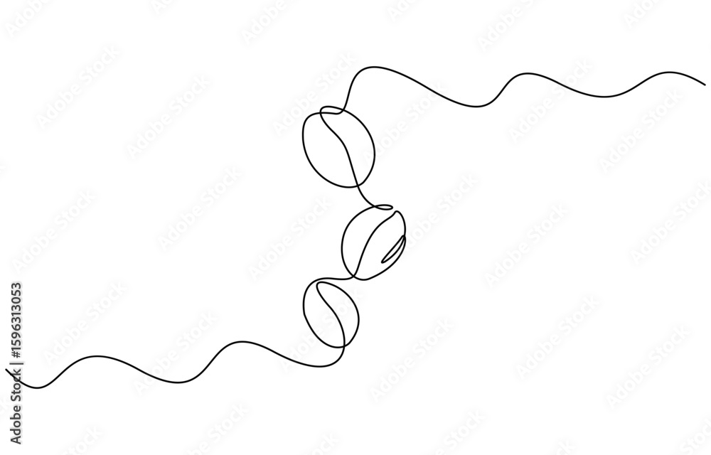 Poster minimalist continuous one line drawing of coffee beans, one continuous line drawing of a coffee bean
