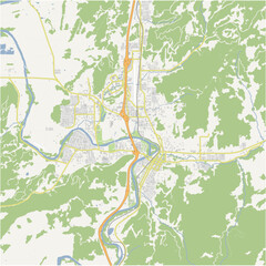 Map of Roseburg in Oregon in a normal road map style. Contains layered vector with roads water, parks, etc.
