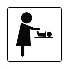 A baby changing station symbol shows a parent figure at a changing table with a baby. The icon is in black and white, indicating location and service.