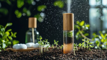 Eco friendly tube demonstrating biodegradable cosmetic container with wooden top and growing plants in organic soil composition