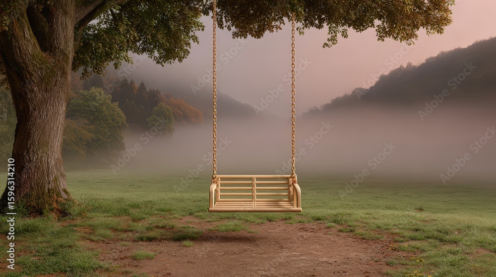 Poster old empty swing set in foggy park with one swing