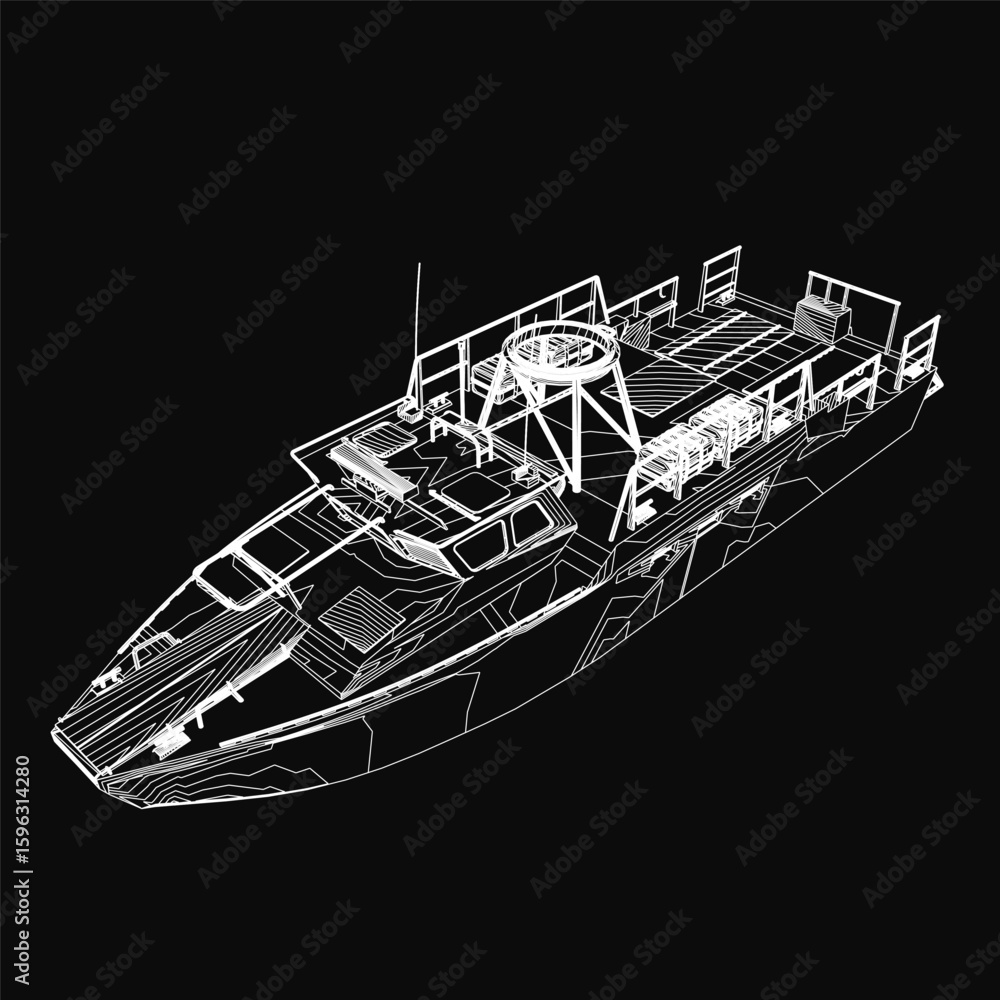 Poster military boat contour drawing in black and white on a dark background, featuring detailed hull and d