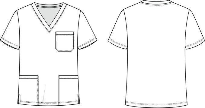 Flat vector cad drawing of short sleeve medical scrub top, front and back view, professional uniform design, fashion technical sketch