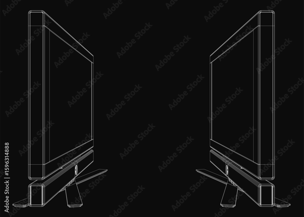 Poster a sleek 3d wireframe model of a flat screen tv stands out against a black background. the monoblock 