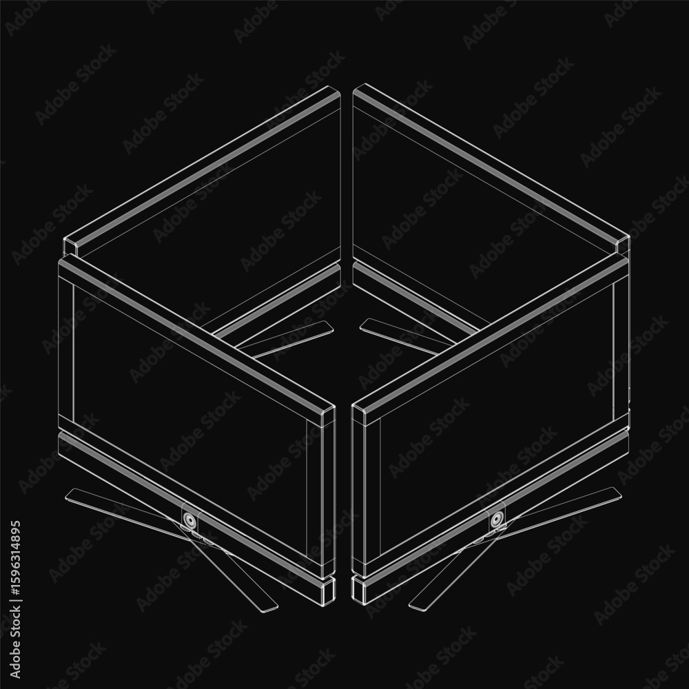 Poster a black and white line drawing of a modular drawer system box with two sections, featuring a top han