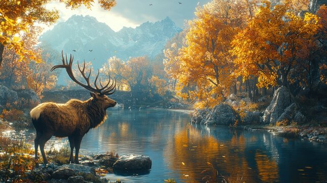 Majestic elk by a serene autumnal lake - Powered by Adobe