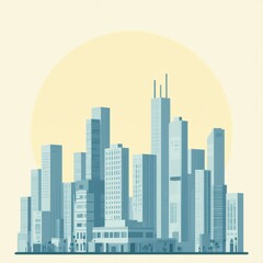 Obraz premium illustration city skyline cityscape tall buildings various sizes shapes buildings arranged grid like pattern tallest buildings center smaller ones either side sky light yellow color sun partially
