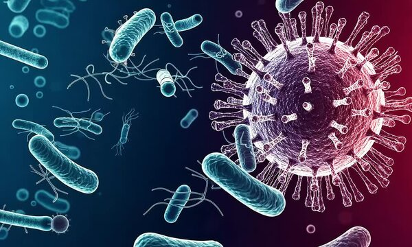Microscopic View of Viral and Bacterial Structures in Gradient Colors on a Dark Background
