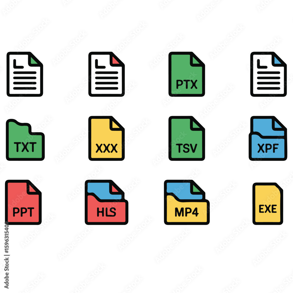 Poster a collection of colorful file type icons including txt ppt mp4 exe ptx tsv hls xpf and generic file 