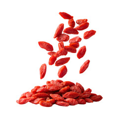 Heap of vibrant dried goji berries with falling berries isolated On Transparent Png Background.