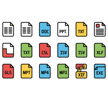 A collection of various file type icons including doc ppt txt mp mp gls xif exe and other formats