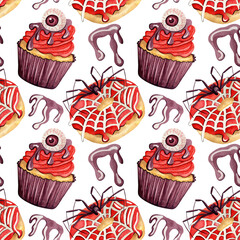 Watercolor seamless pattern with a donut with spiderweb icing and a sugar spider on it, as well as a cupcake with an eye. Halloween theme. Perfect for fabric, backgrounds and holiday designs.